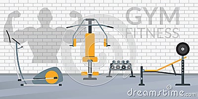 Gym interior with fitness equipment. Weight machine, elliptical, barbell and dumbbells. Fitness center or sport club gym design. Vector Illustration